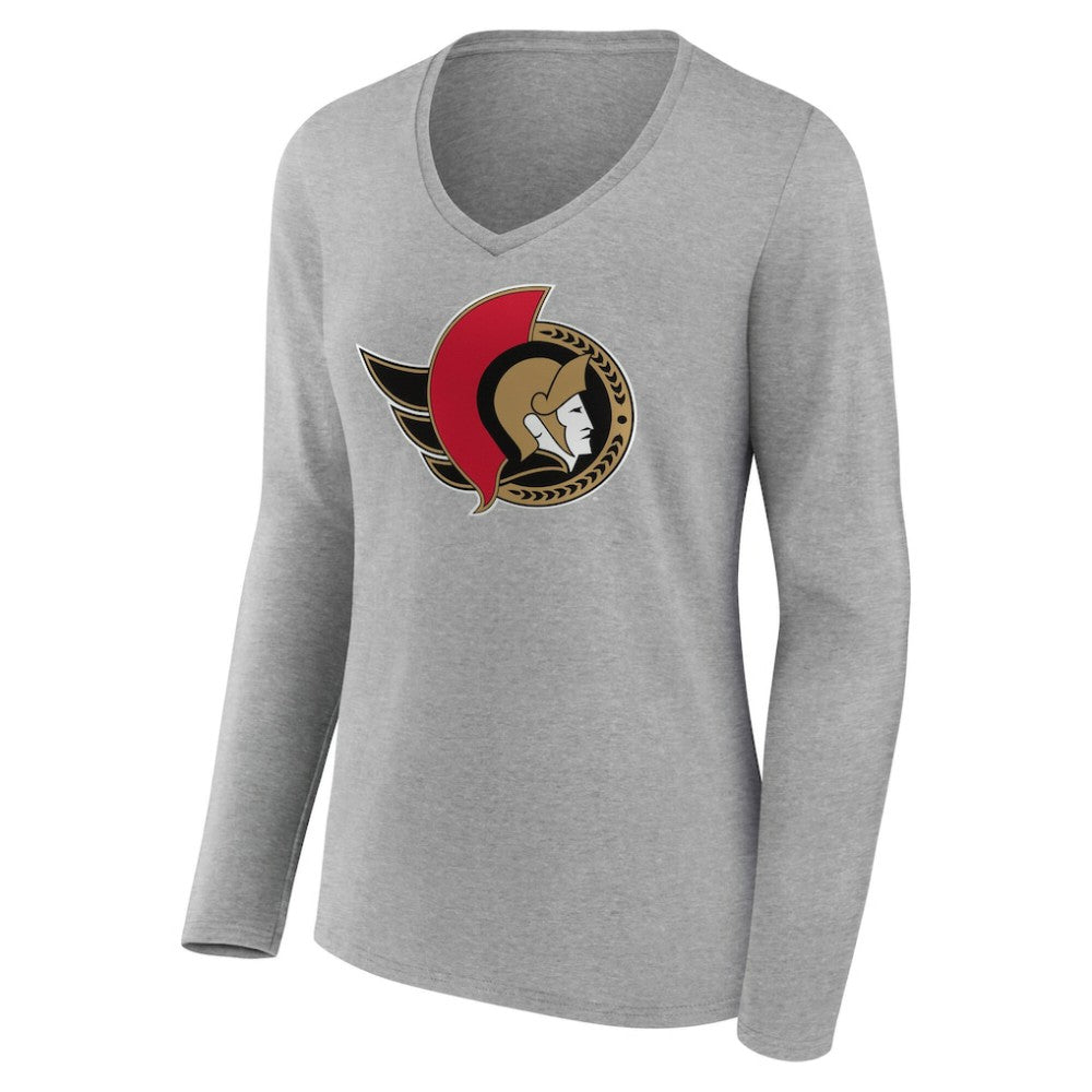 Ottawa Senators Women's Primary Logo Long Sleeve V-Neck T-Shirt Gray