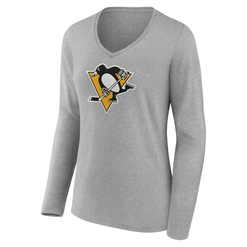 Pittsburgh Penguins Women's Primary Logo Long Sleeve V-Neck T-Shirt Gray