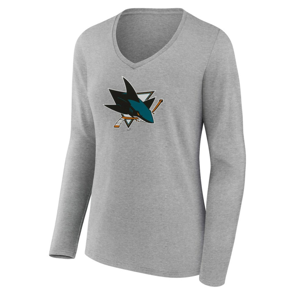 San Jose Sharks Women's Primary Logo Long Sleeve V-Neck T-Shirt Gray