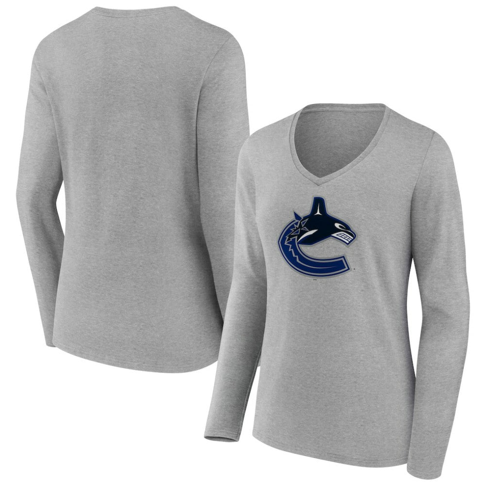 Vancouver Canucks Women's Primary Logo Long Sleeve V-Neck T-Shirt Gray