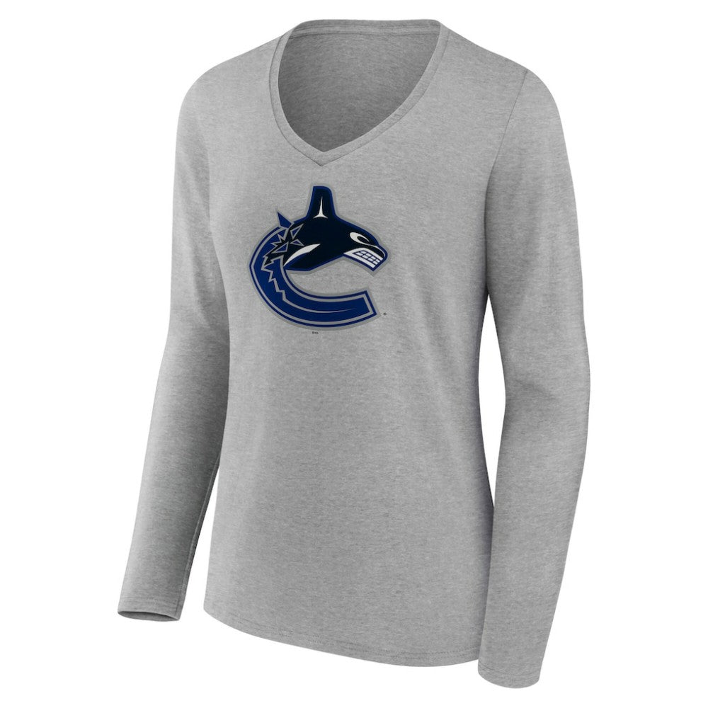 Vancouver Canucks Women's Primary Logo Long Sleeve V-Neck T-Shirt Gray