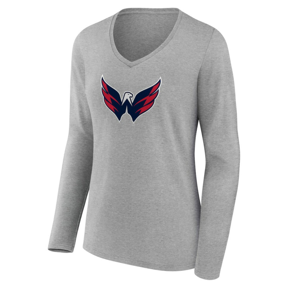 Washington Capitals Women's Primary Logo Long Sleeve V-Neck T-Shirt Gray