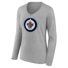 Winnipeg Jets Women's Primary Logo Long Sleeve V-Neck T-Shirt Gray