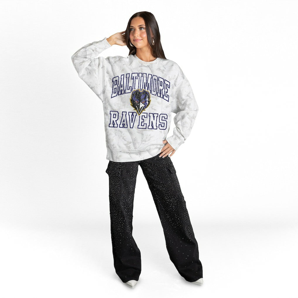 Baltimore Ravens Gameday Couture Women's Whiteout Oversized Premium Fleece Sweatshirt - Arctic Camo sale