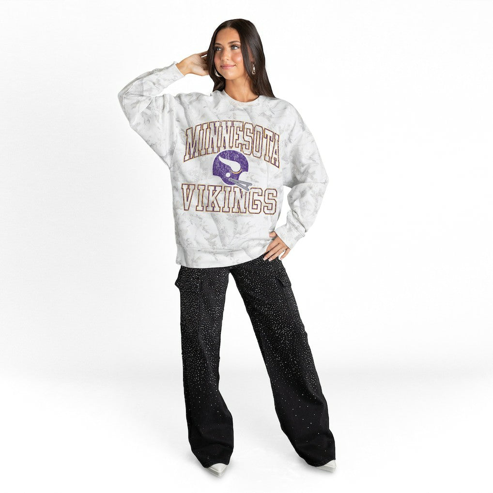 Minnesota Vikings Gameday Couture Women's Whiteout Oversized Premium Fleece Sweatshirt - Arctic Camo discount