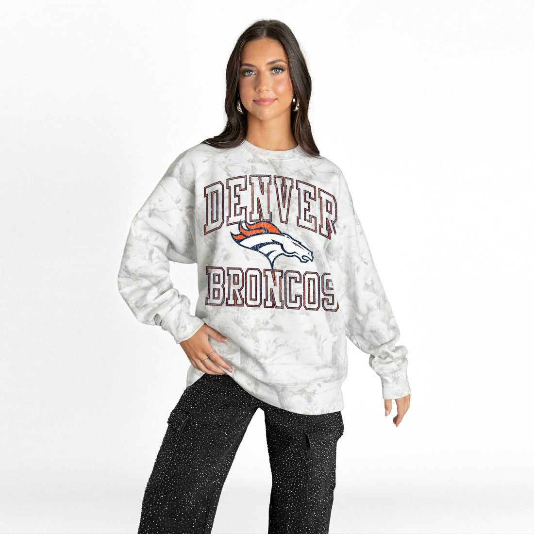 Denver Broncos Gameday Couture Women's Whiteout Oversized Premium Fleece Sweatshirt - Arctic Camo discount