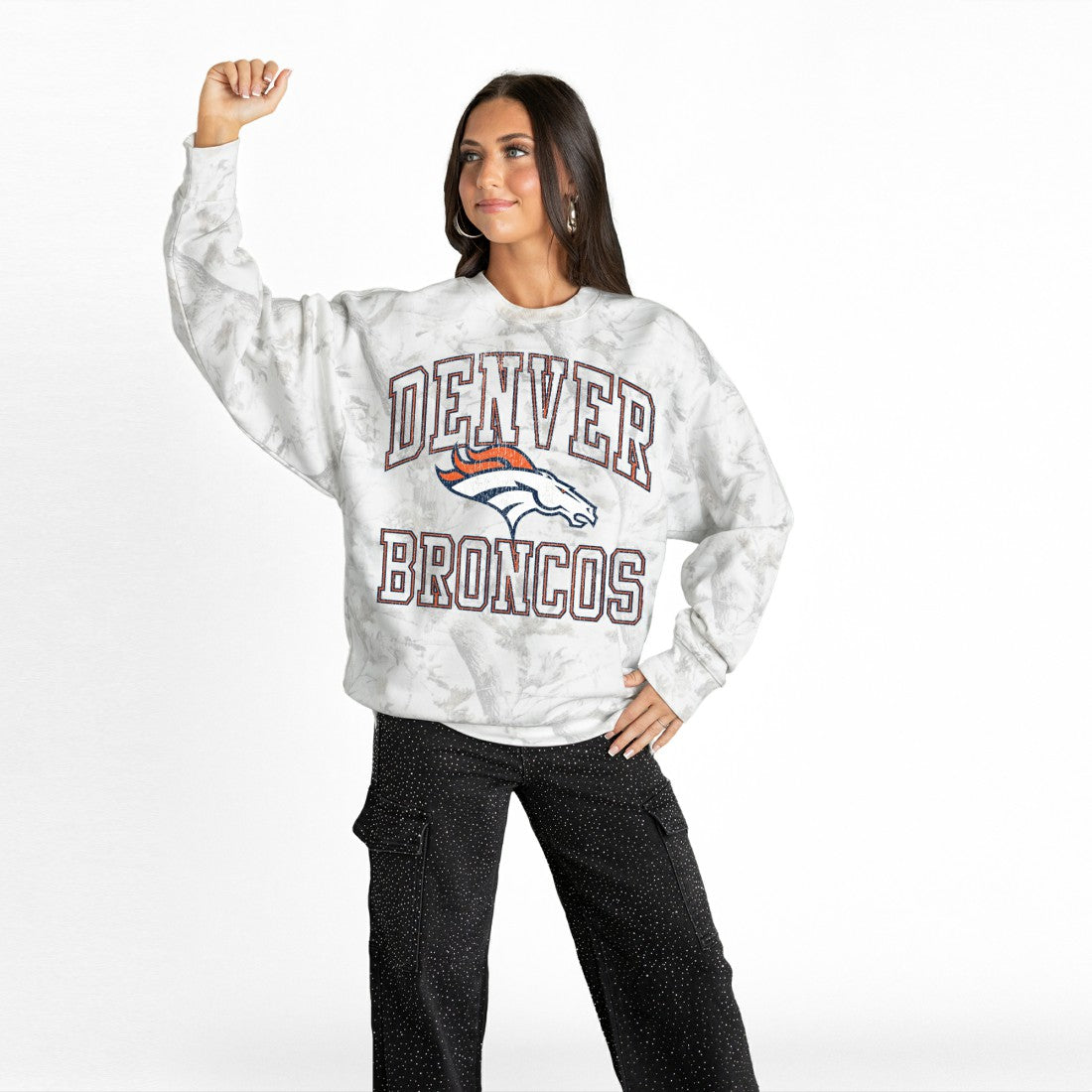 Denver Broncos Gameday Couture Women's Whiteout Oversized Premium Fleece Sweatshirt - Arctic Camo discount