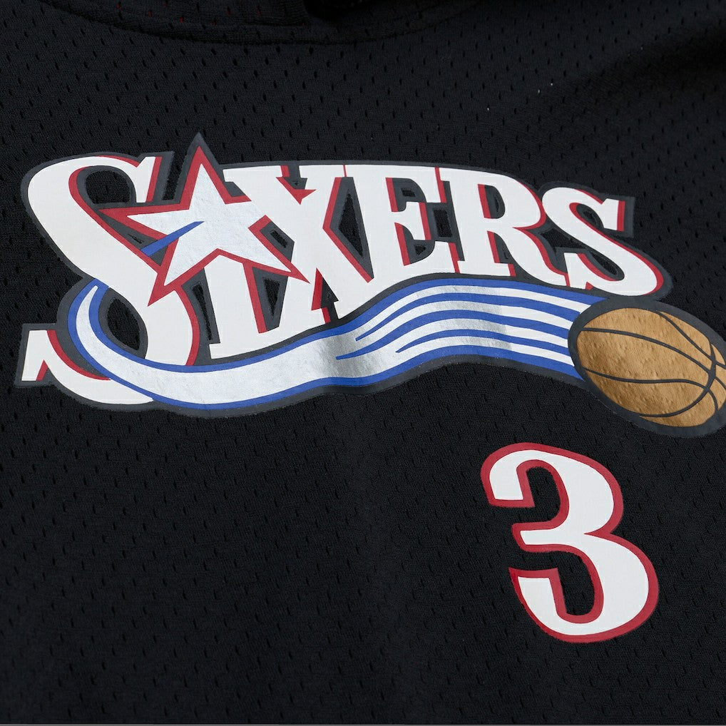 Allen Iverson Philadelphia 76ers Mesh Name & Number Short Sleeve Hoodie - Black | Mitchell & Ness outlet