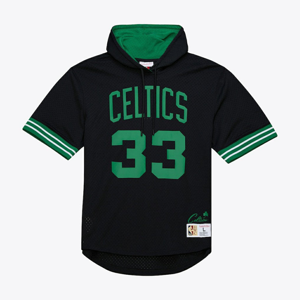 Larry Bird Boston Celtics Mesh Name & Number Short Sleeve Hoodie - Black | Mitchell & Ness discount