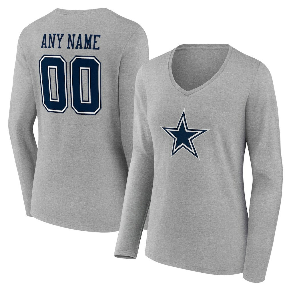 Dallas Cowboys Women's Team Authentic Personalized Name & Number Long Sleeve V-Neck T-Shirt - Gray sale