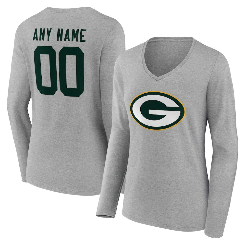 Green Bay Packers Women's Team Authentic Personalized Name & Number Long Sleeve V-Neck T-Shirt - Gray outlet