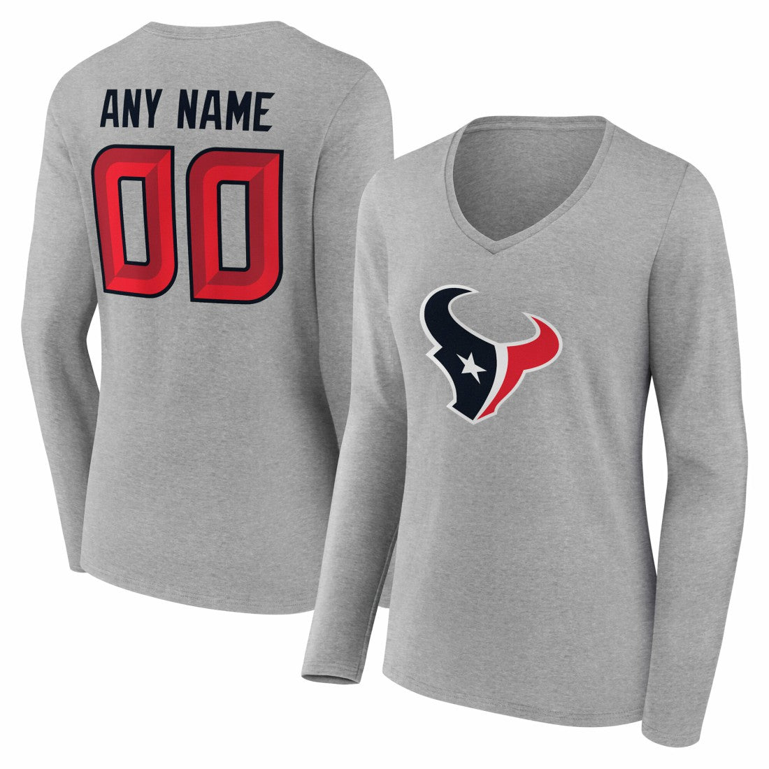 Houston Texans Women's Team Authentic Personalized Name & Number Long Sleeve V-Neck T-Shirt - Gray cheap