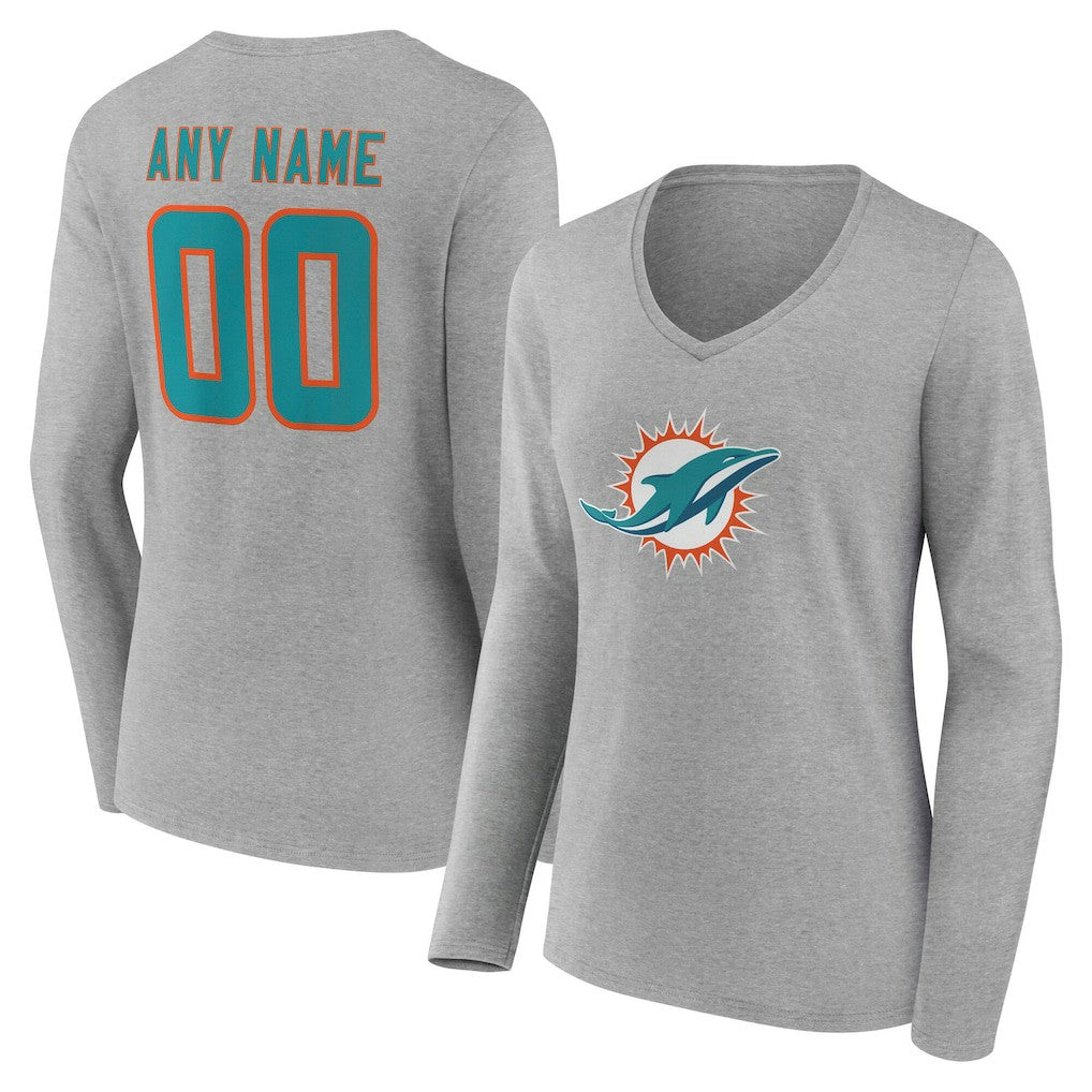 Miami Dolphins Women's Team Authentic Personalized Name & Number Long Sleeve V-Neck T-Shirt - Gray online