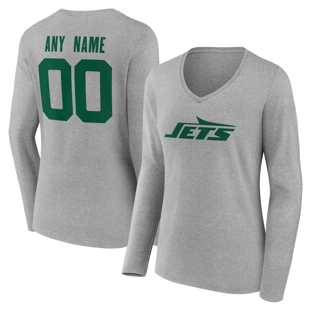 New York Jets Women's Team Authentic Personalized Name & Number Long Sleeve V-Neck T-Shirt - Gray outlet