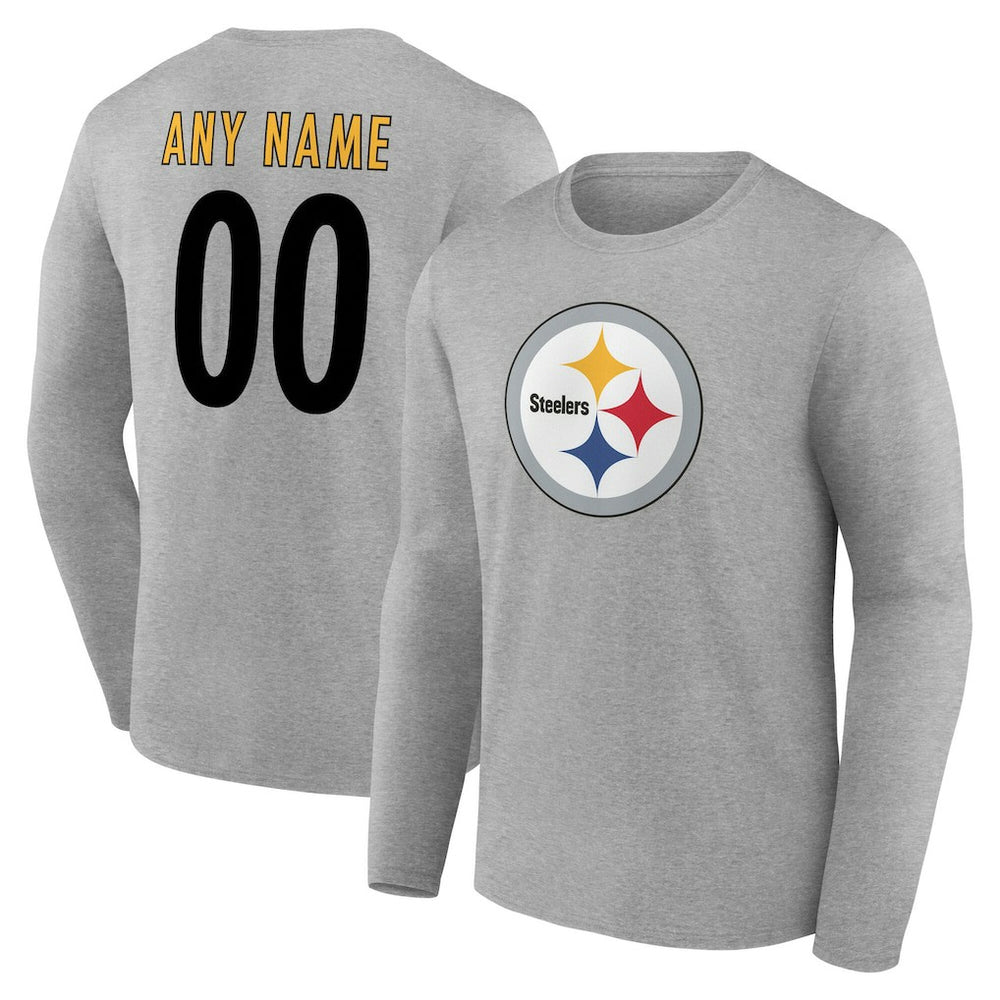 Pittsburgh Steelers Team Authentic Personalized Name & Number Long Sleeve T-Shirt - Gray for sale