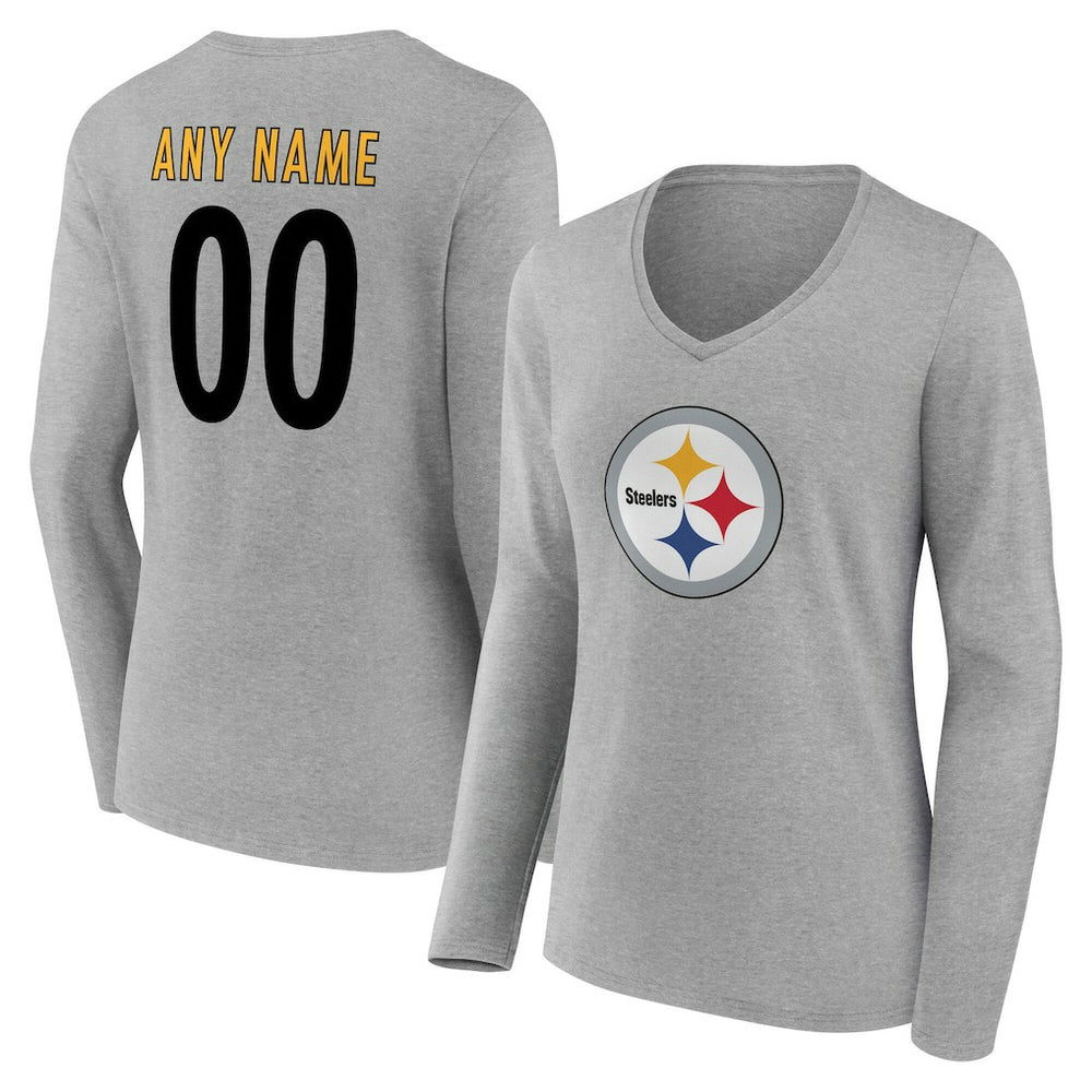 Pittsburgh Steelers Women's Team Authentic Personalized Name & Number Long Sleeve V-Neck T-Shirt - Gray outlet