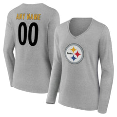 Pittsburgh Steelers Women's Team Authentic Personalized Name & Number Long Sleeve V-Neck T-Shirt - Gray outlet
