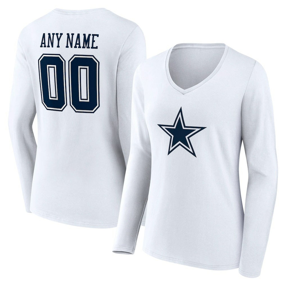 Dallas Cowboys Women's Team Authentic Personalized Name & Number Long Sleeve V-Neck T-Shirt - White discount