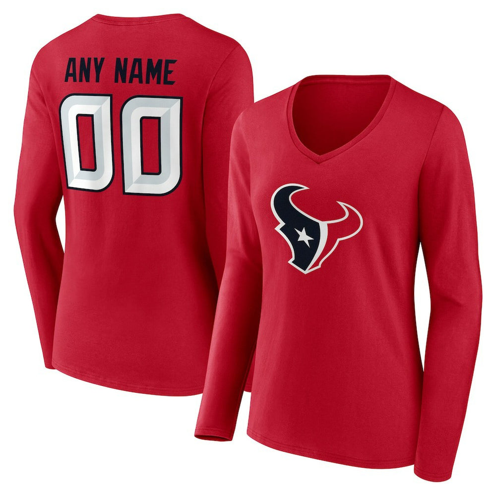 Houston Texans Women's Team Authentic Personalized Name & Number Long Sleeve V-Neck T-Shirt - Red discount