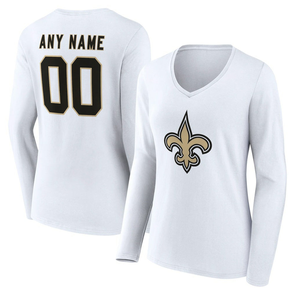 New Orleans Saints Women's Team Authentic Personalized Name & Number Long Sleeve V-Neck T-Shirt - White for sale