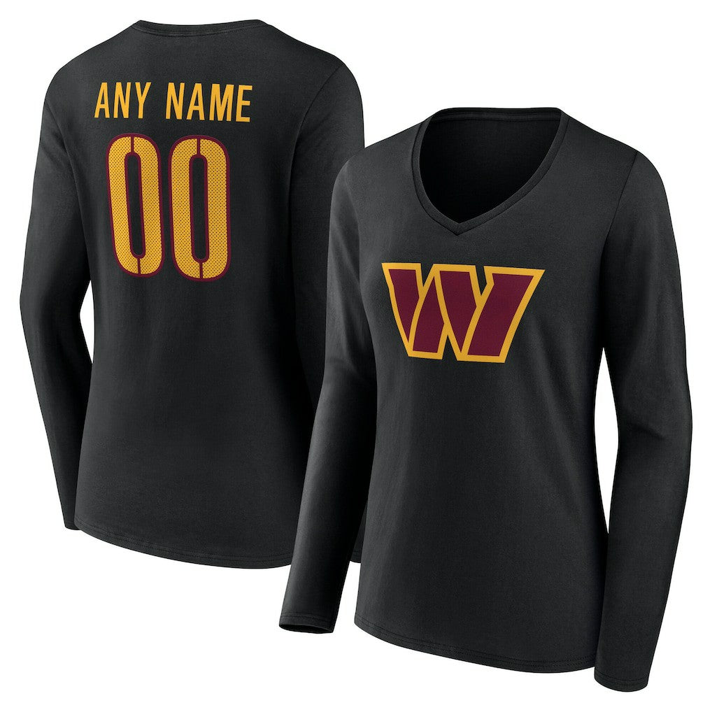 Washington Commanders Women's Team Authentic Personalized Name & Number Long Sleeve V-Neck T-Shirt - Black on sale