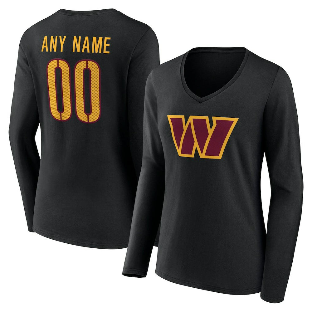 Washington Commanders Women's Team Authentic Personalized Name & Number Long Sleeve V-Neck T-Shirt - Black on sale