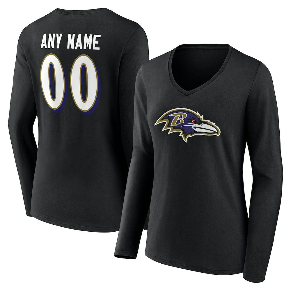 Baltimore Ravens Women's Team Authentic Personalized Name & Number Long Sleeve V-Neck T-Shirt - Black on sale