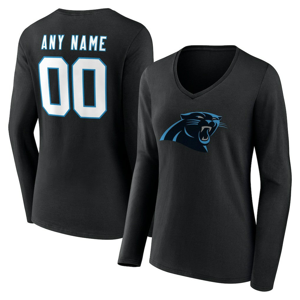 Carolina Panthers Women's Team Authentic Personalized Name & Number Long Sleeve V-Neck T-Shirt - Black on sale