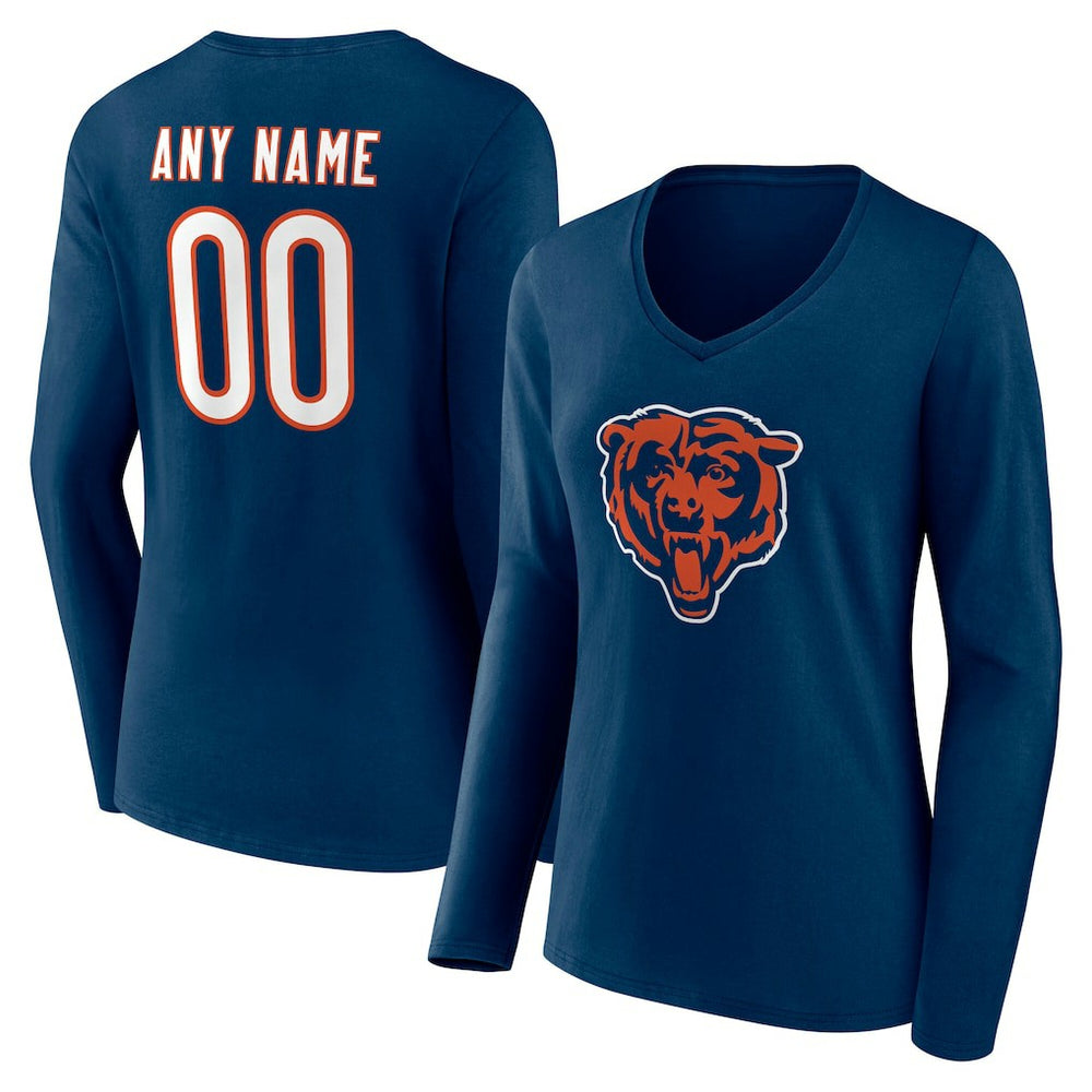 Chicago Bears Women's Team Authentic Personalized Name & Number Long Sleeve V-Neck T-Shirt - Navy discount