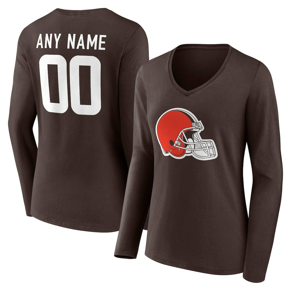 Cleveland Browns Women's Team Authentic Personalized Name & Number Long Sleeve V-Neck T-Shirt - Brown discount