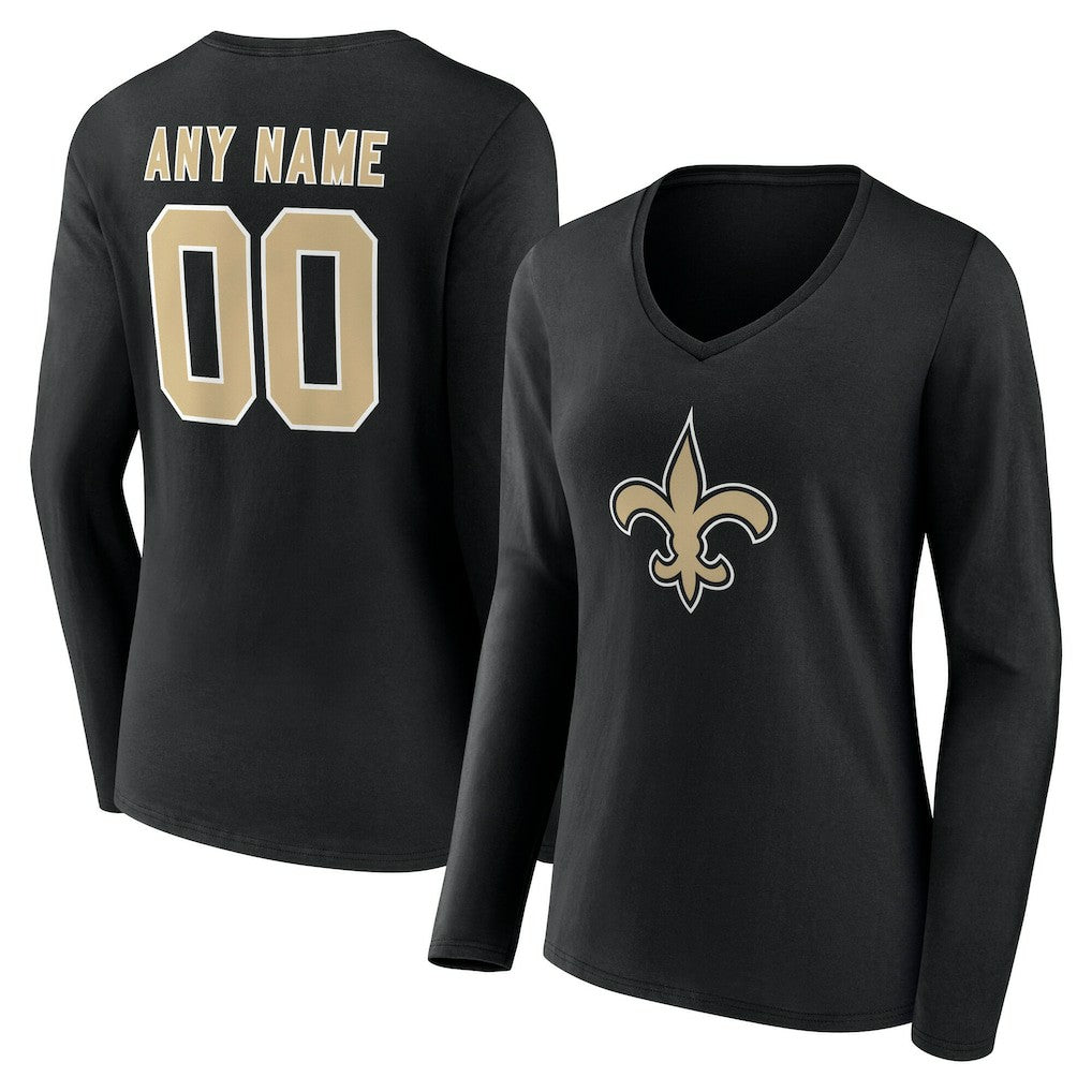 New Orleans Saints Women's Team Authentic Personalized Name & Number Long Sleeve V-Neck T-Shirt - Black on sale