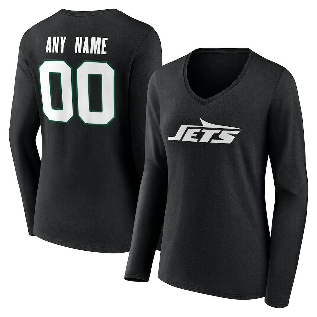 New York Jets Women's Team Authentic Personalized Name & Number Long Sleeve V-Neck T-Shirt - Black discount