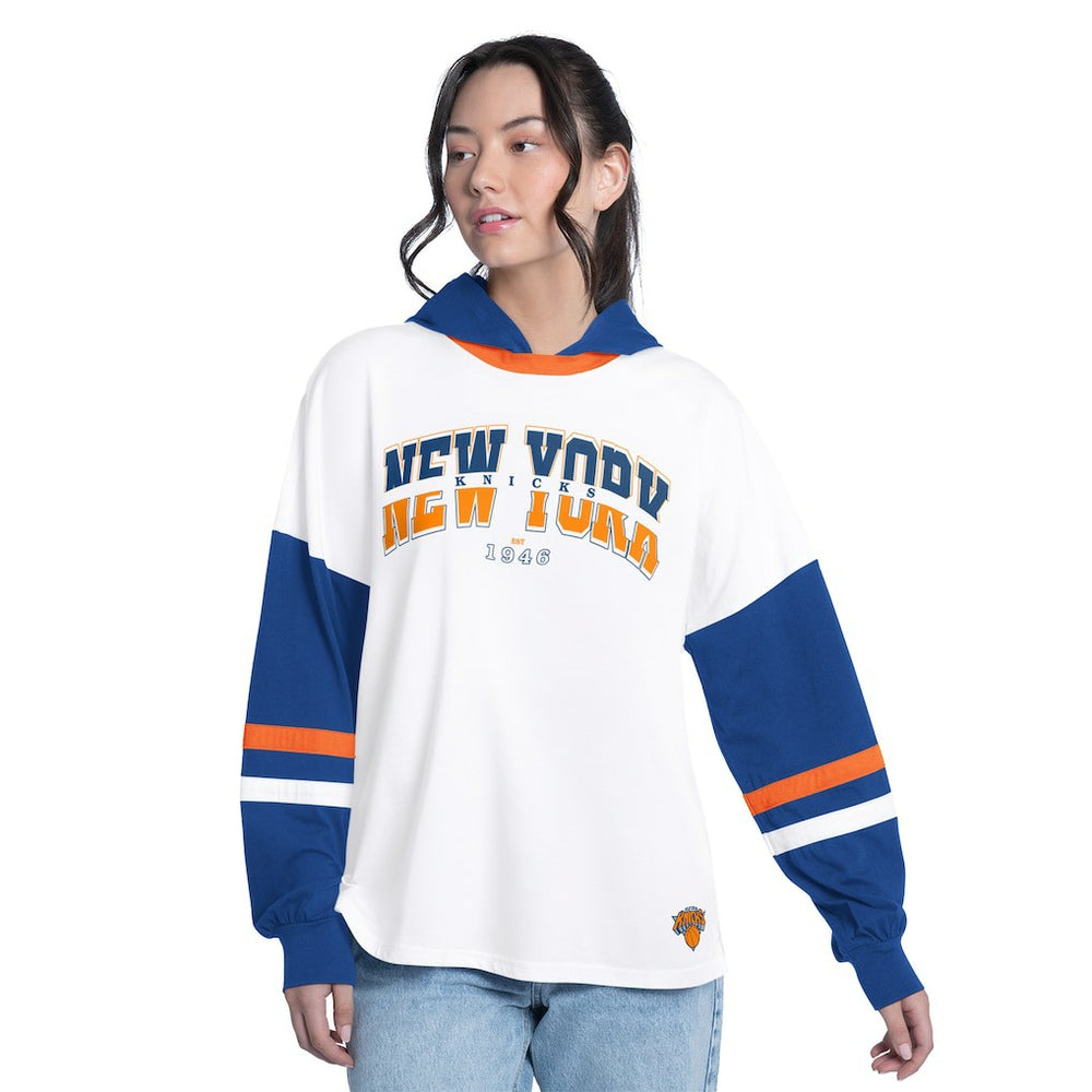 New York Knicks G-III 4Her by Carl Banks Women's Key Player Oversized Hooded Long Sleeve T-Shirt - White/Royal shop