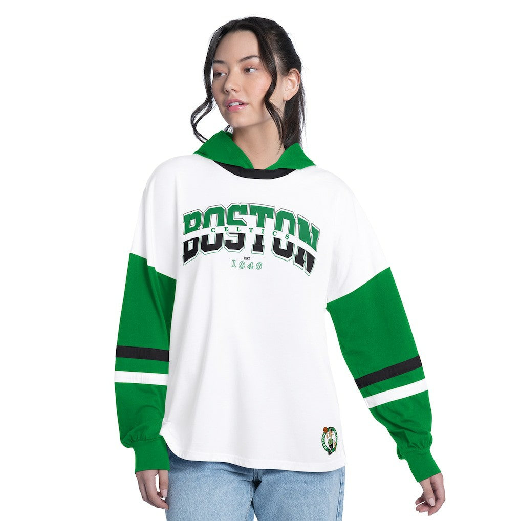 Boston Celtics G-III 4Her by Carl Banks Women's Key Player Oversized Hooded Long Sleeve T-Shirt - White/Green cheap