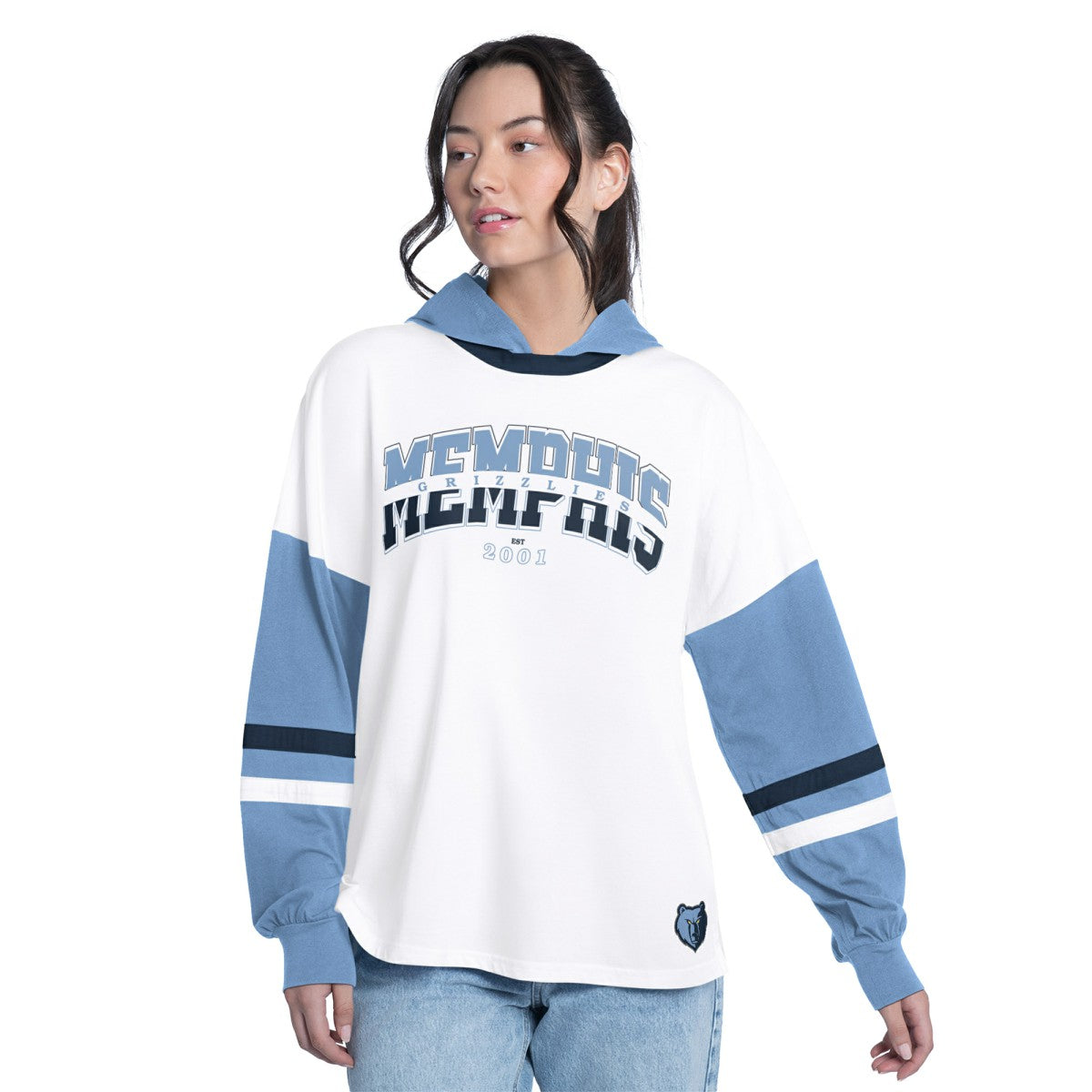 Memphis Grizzlies G-III 4Her by Carl Banks Women's Key Player Oversized Hooded Long Sleeve T-Shirt - White/Blue outlet
