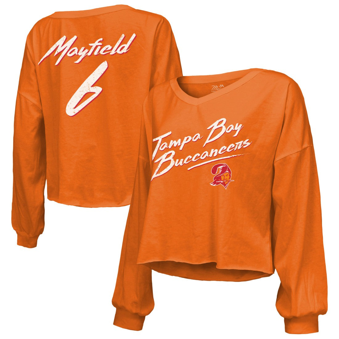 Baker Mayfield Tampa Bay Buccaneers Majestic Threads Women's Off-Shoulder Script Name & Number V-Neck T-Shirt - Orange online