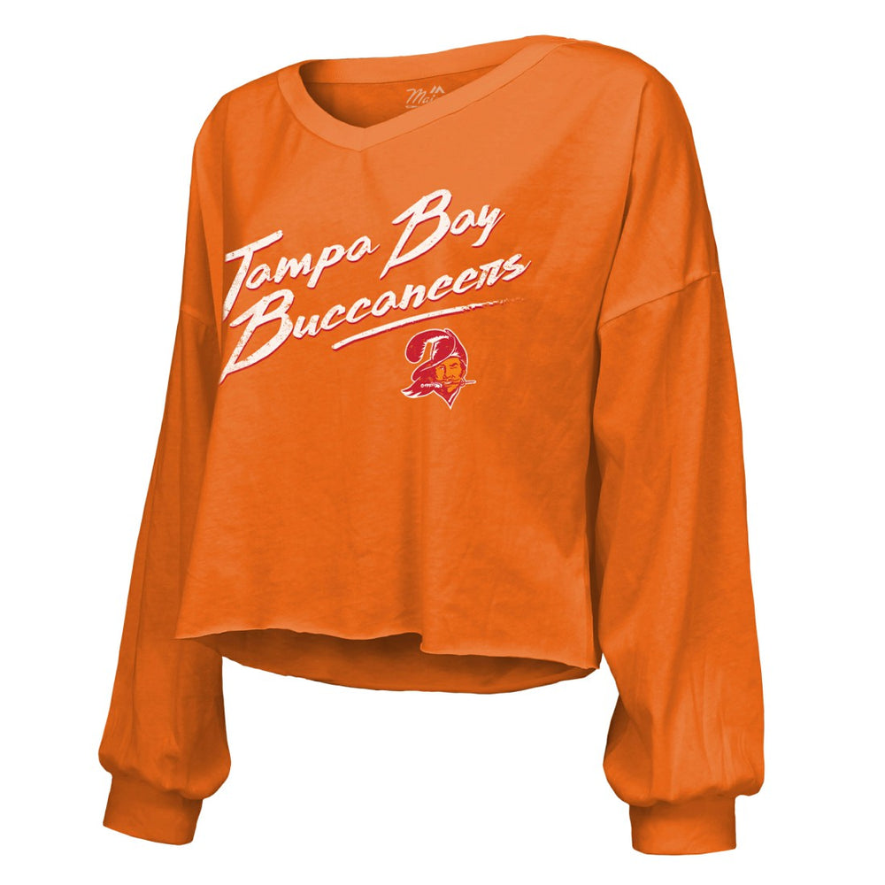 Baker Mayfield Tampa Bay Buccaneers Majestic Threads Women's Off-Shoulder Script Name & Number V-Neck T-Shirt - Orange online