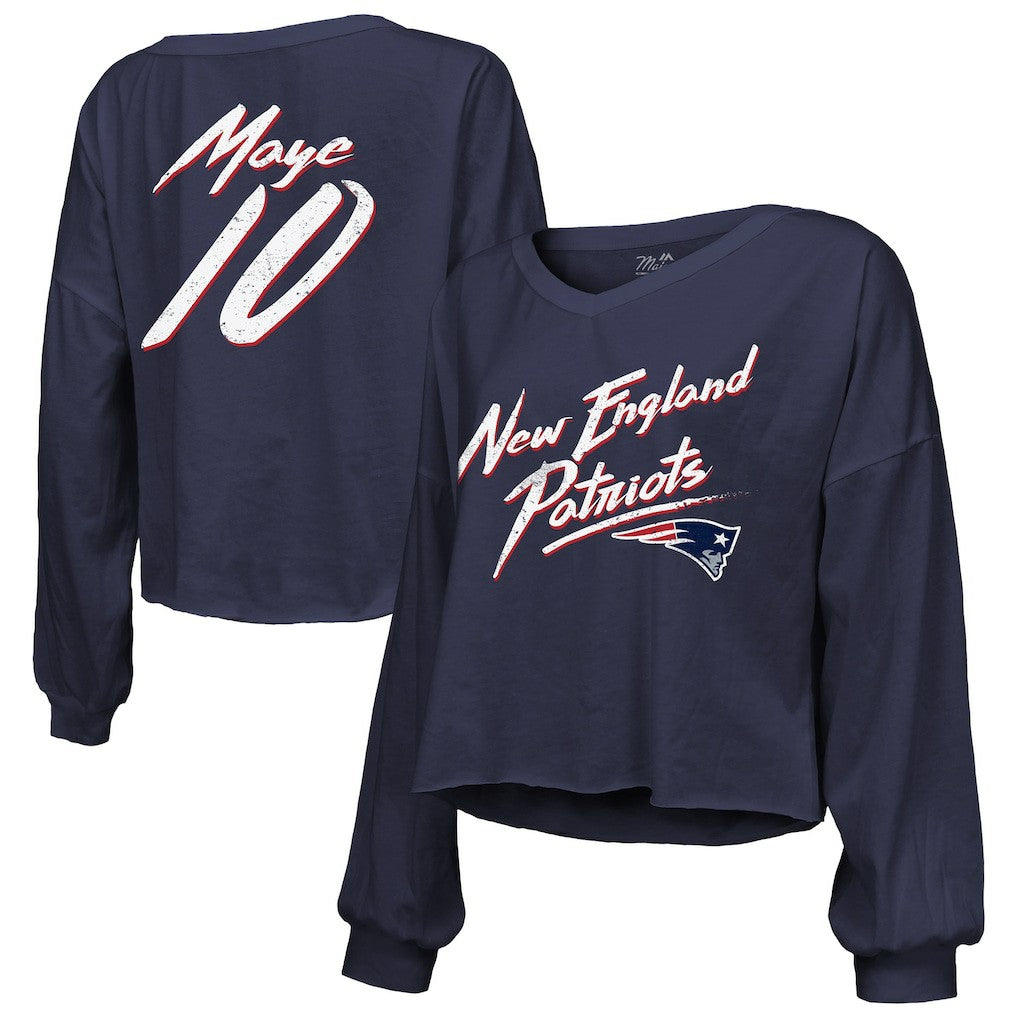 Drake Maye New England Patriots Majestic Threads Women's Off-Shoulder Script Name & Number V-Neck T-Shirt - Navy for sale