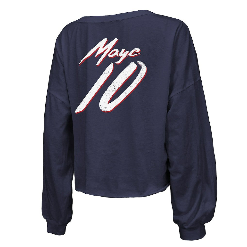Drake Maye New England Patriots Majestic Threads Women's Off-Shoulder Script Name & Number V-Neck T-Shirt - Navy for sale
