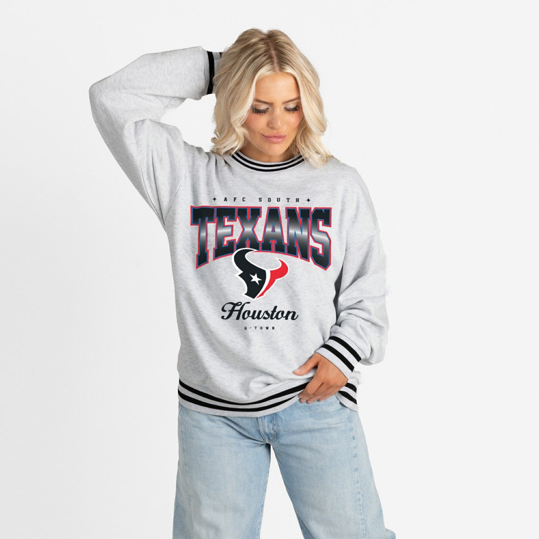 Houston Texans Gameday Couture Women's Oversized Gridiron Drive Ringer Stripe Sweatshirt - Ash/Black outlet