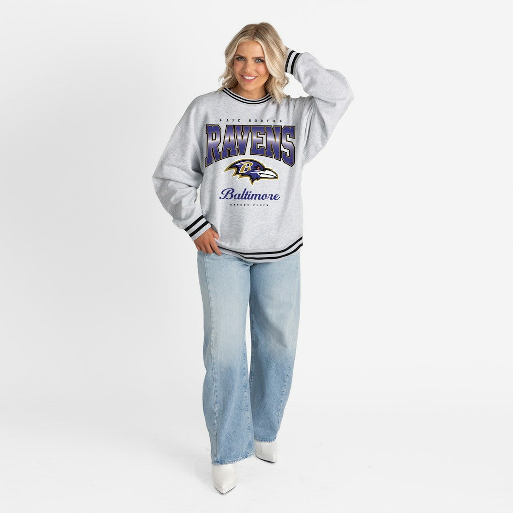 Baltimore Ravens Gameday Couture Women's Oversized Gridiron Drive Ringer Stripe Sweatshirt - Ash/Black discount