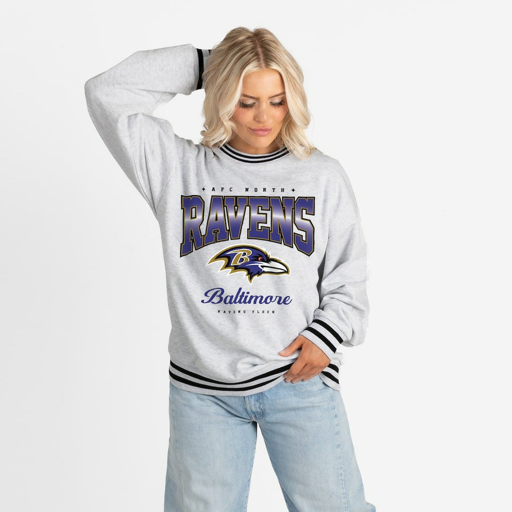 Baltimore Ravens Gameday Couture Women's Oversized Gridiron Drive Ringer Stripe Sweatshirt - Ash/Black discount