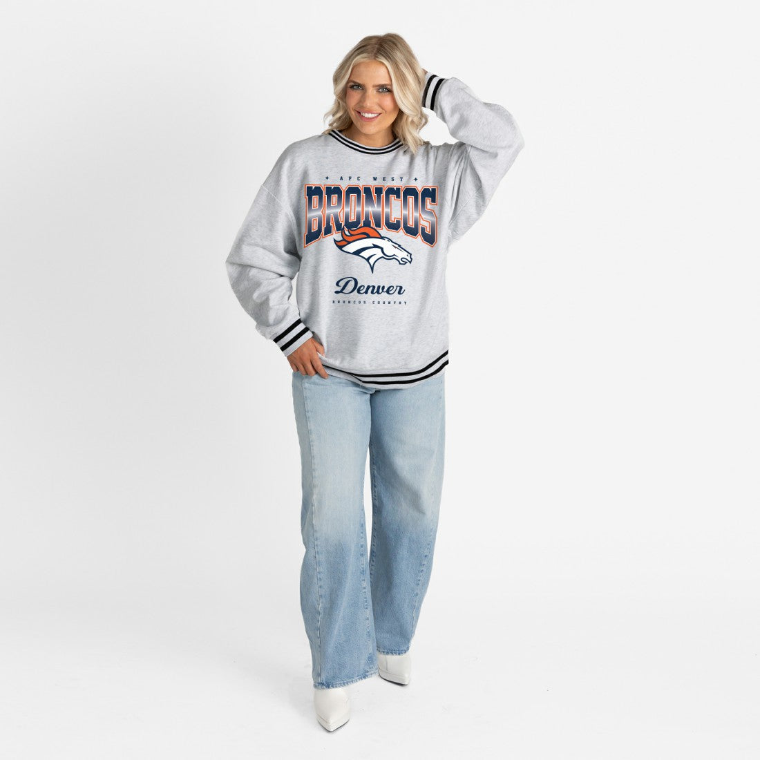 Denver Broncos Gameday Couture Women's Oversized Gridiron Drive Ringer Stripe Sweatshirt - Ash/Black discount