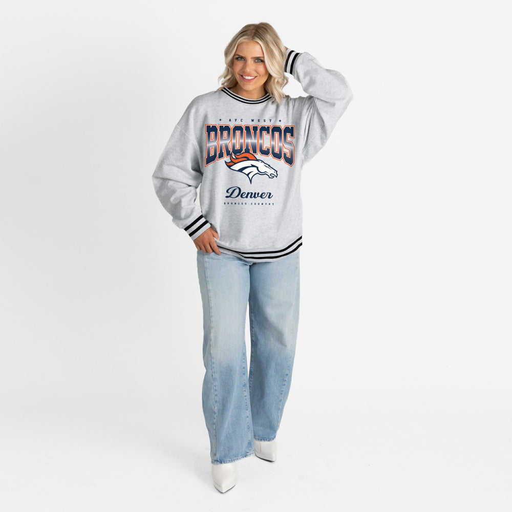 Denver Broncos Gameday Couture Women's Oversized Gridiron Drive Ringer Stripe Sweatshirt - Ash/Black discount