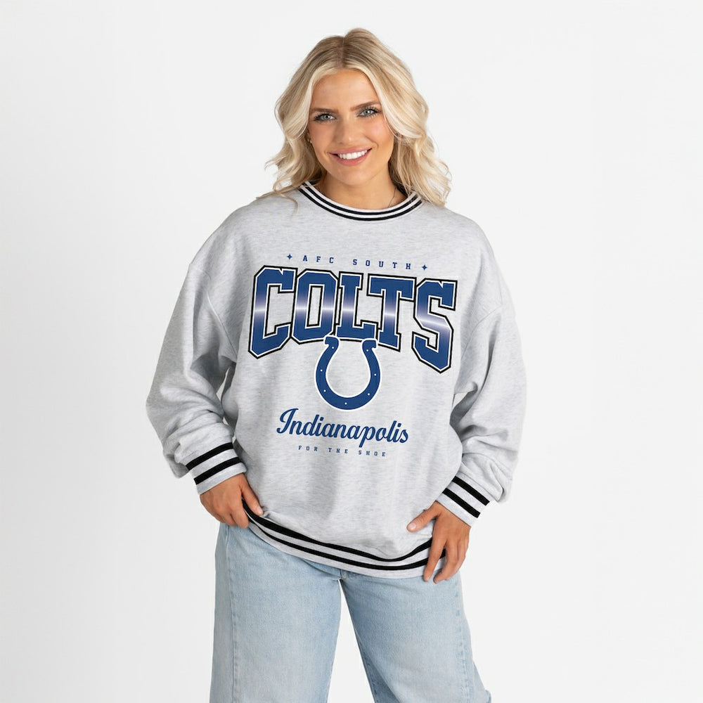 Indianapolis Colts Gameday Couture Women's Oversized Gridiron Drive Ringer Stripe Sweatshirt - Ash/Black discount