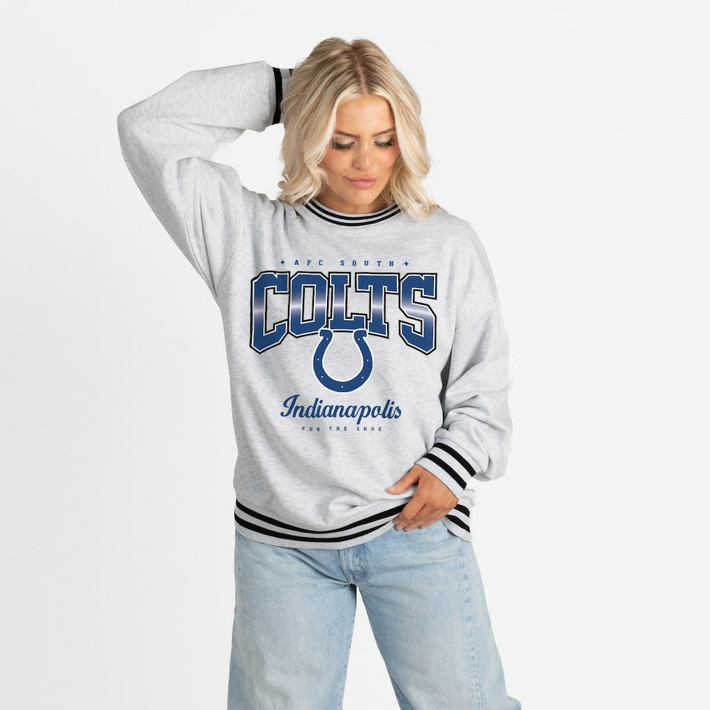 Indianapolis Colts Gameday Couture Women's Oversized Gridiron Drive Ringer Stripe Sweatshirt - Ash/Black discount