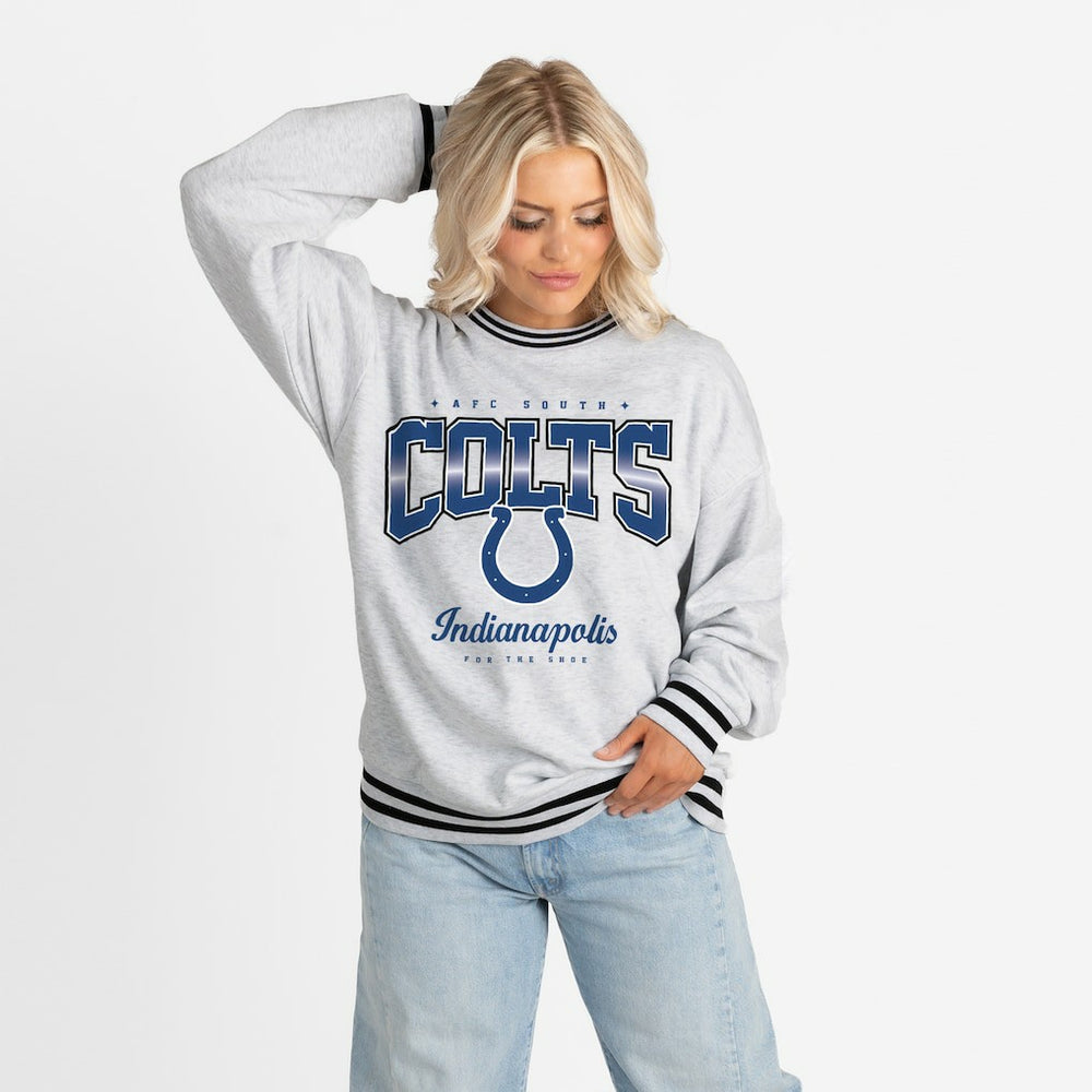 Indianapolis Colts Gameday Couture Women's Oversized Gridiron Drive Ringer Stripe Sweatshirt - Ash/Black discount