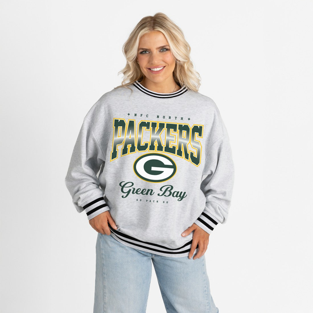 Green Bay Packers Gameday Couture Women's Oversized Gridiron Drive Ringer Stripe Sweatshirt - Ash/Black on sale