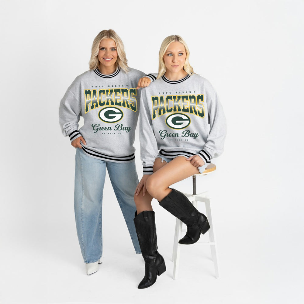 Green Bay Packers Gameday Couture Women's Oversized Gridiron Drive Ringer Stripe Sweatshirt - Ash/Black on sale
