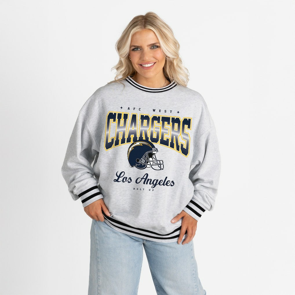 Los Angeles Chargers Gameday Couture Women's Oversized Gridiron Drive Ringer Stripe Sweatshirt - Ash/Black cheap